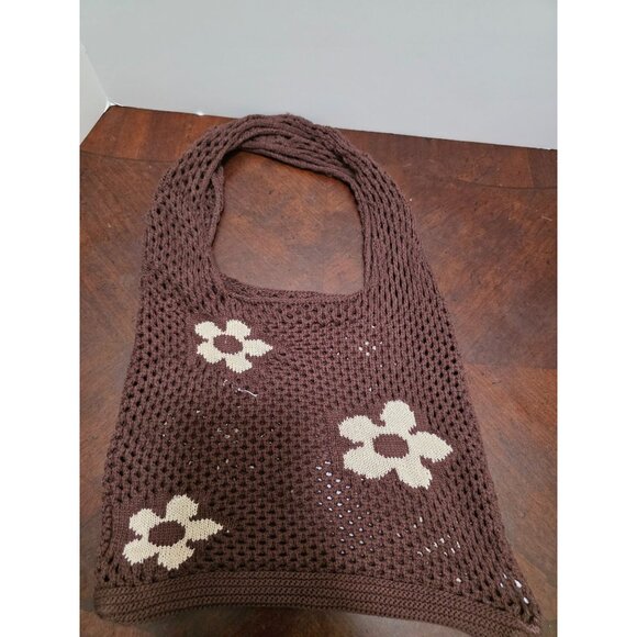 Urban Outfitters Crochet Brown Mesh Shoulder Bag Cream Floral Pattern Size M - Picture 2 of 9